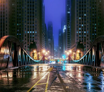 Illuminated City Bridge in Rainy Night