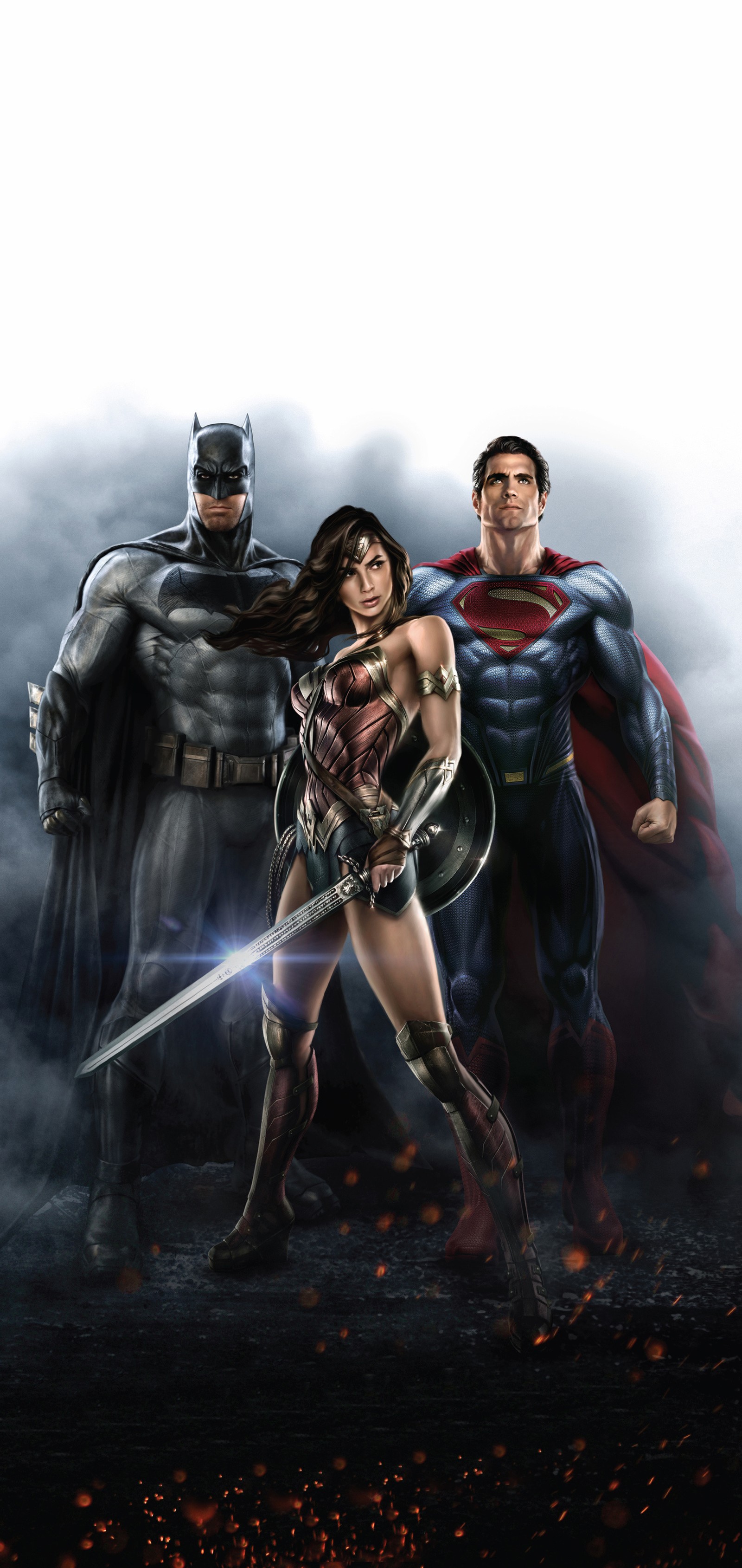 Batman, wonder woman und superman stehen vor einem nebligen himmel (dc trinity, dc comics, dreifaltigkeit, unterhaltung, justice league)