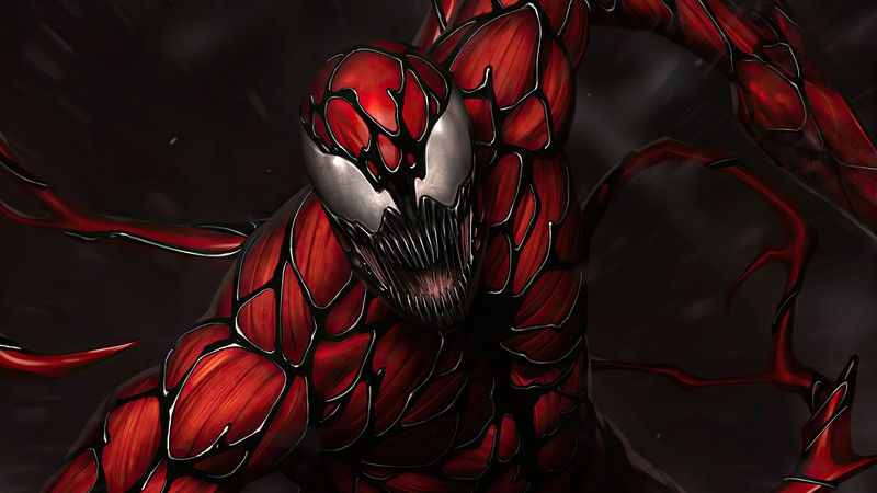 Человек-паук с красной и черной кожей на черном фоне (carnage, marvel comics, суперзлодей, комиксы, суперзлодеи)