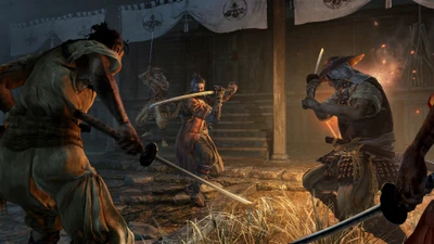 Интенсивная битва на мечах в темной, атмосферной обстановке из "Sekiro: Shadows Die Twice".