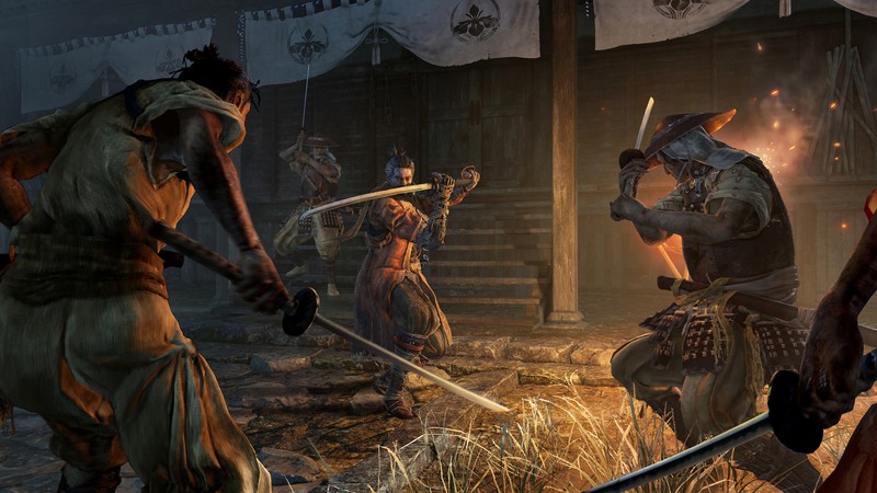 Группа самураев в деревне у костра (sekiro shadows die twice, видеоигра)