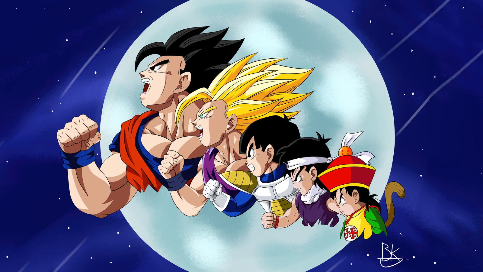 A group of young gohan flying in the sky with a full moon behind them (gohan, evolution, dragon ball z, 5k, 8k)