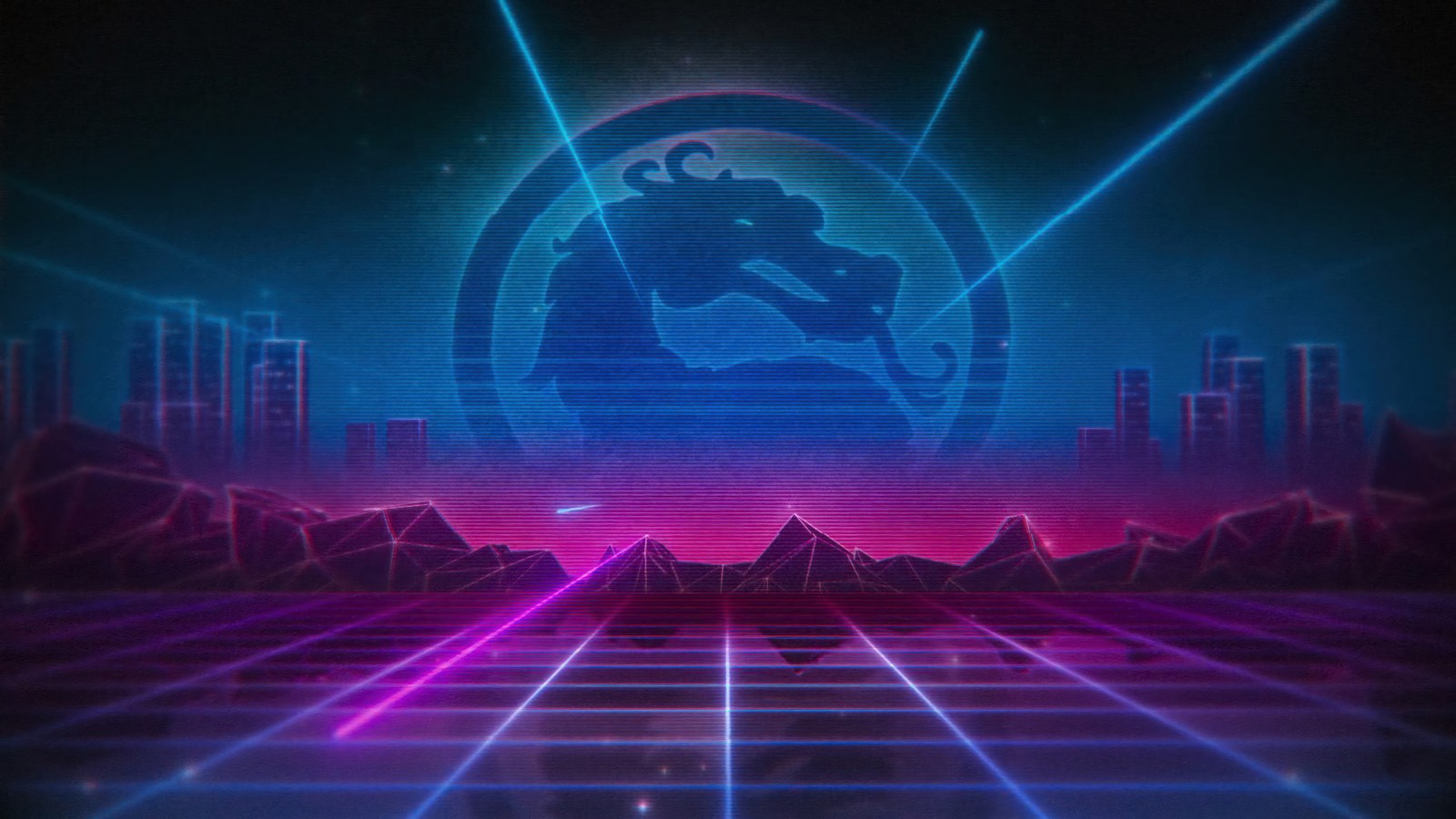 A retro sci - futuristic city with a neon background and a silhouette of a man (mortal, kombat, legends, cage, match)