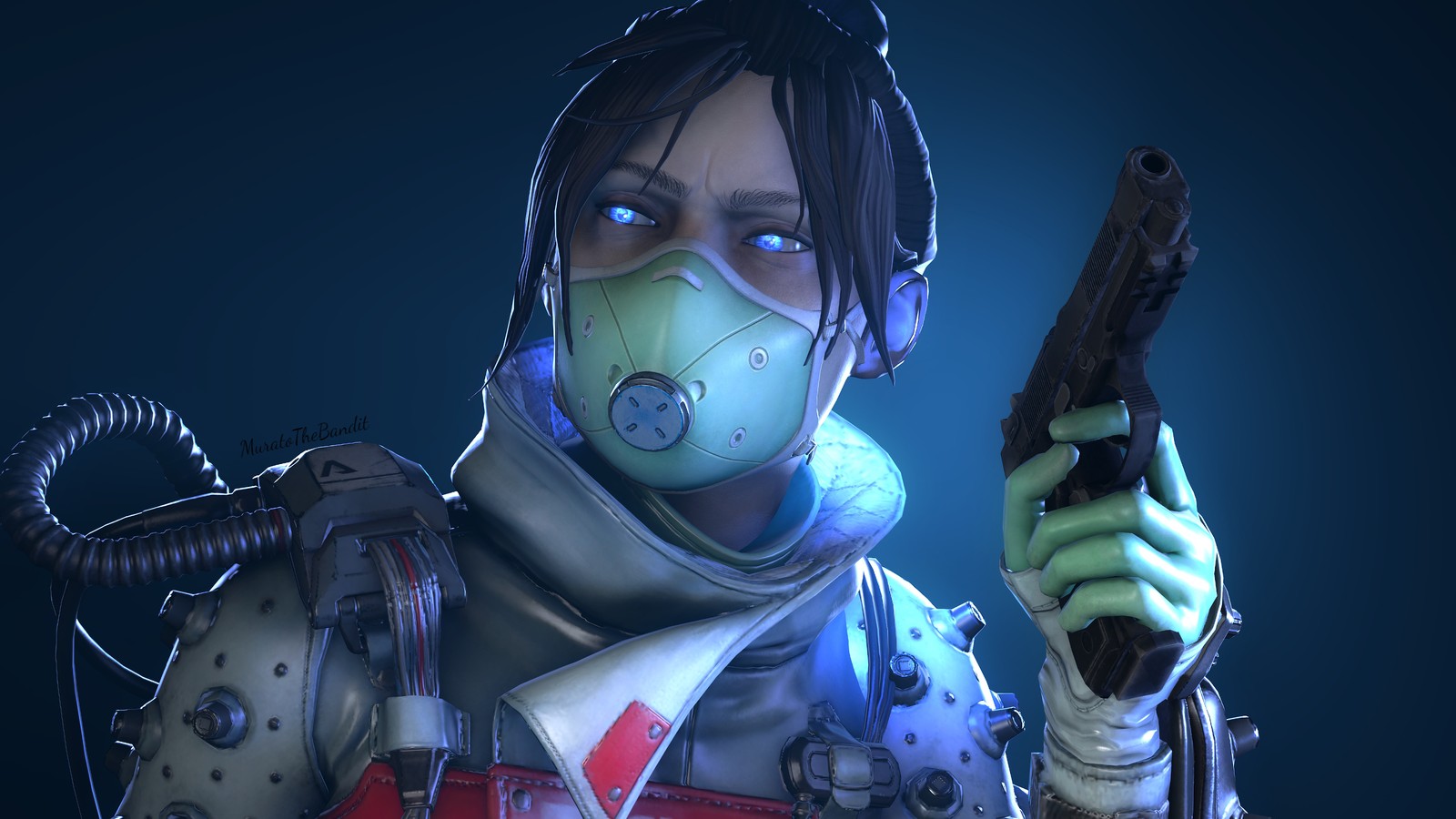 A woman in a gas mask holding a gun (apex legends, video game, wraith)