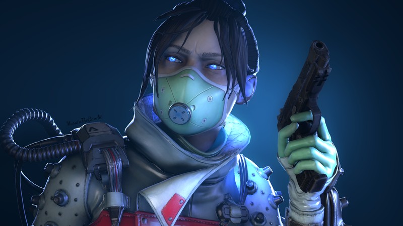 Женщина в противогазе держит пистолет (apex legends, видеоигра, мститель)