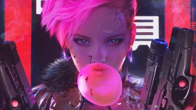 Femme Fatale futurista: enigma cyberpunk com duas pistolas