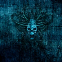 A dark, intricate illustration featuring a skull entwined with symmetrical, horned designs against a blue and teal textured background, evoking themes of mystique and creativity.