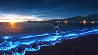 bioluminescência, garota de anime, sozinho, por do sol, praia