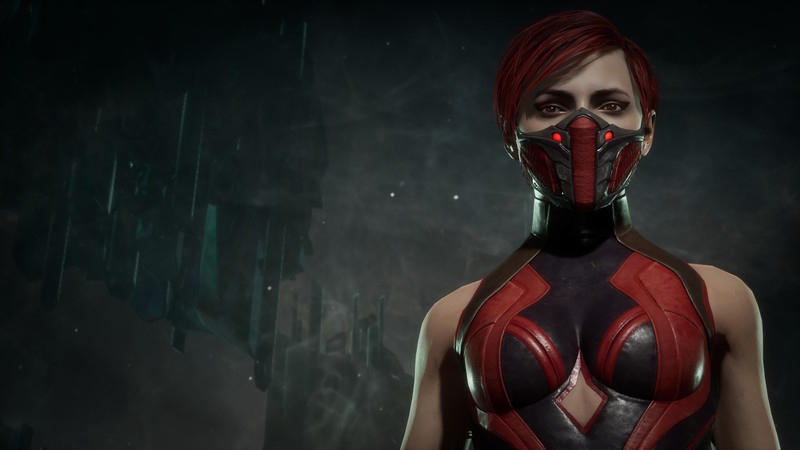 Женщина в красно-черном костюме стоит на темном фоне (скарлет, skarlet, mortal kombat 11, видеоигра)