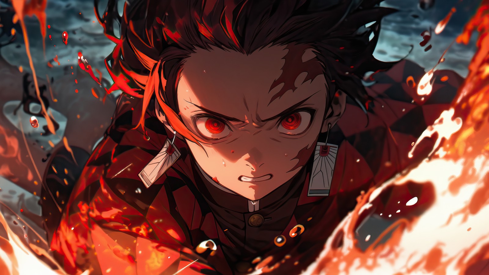 Ein mann mit roten augen und einer roten jacke ist von flammen umgeben (tanjiro kamado, dämonentöter kimetsu no yaiba, demon slayer kimetsu no yaiba, anime)