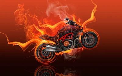 Acrobacia de motocicleta Ducati em movimento flamejante