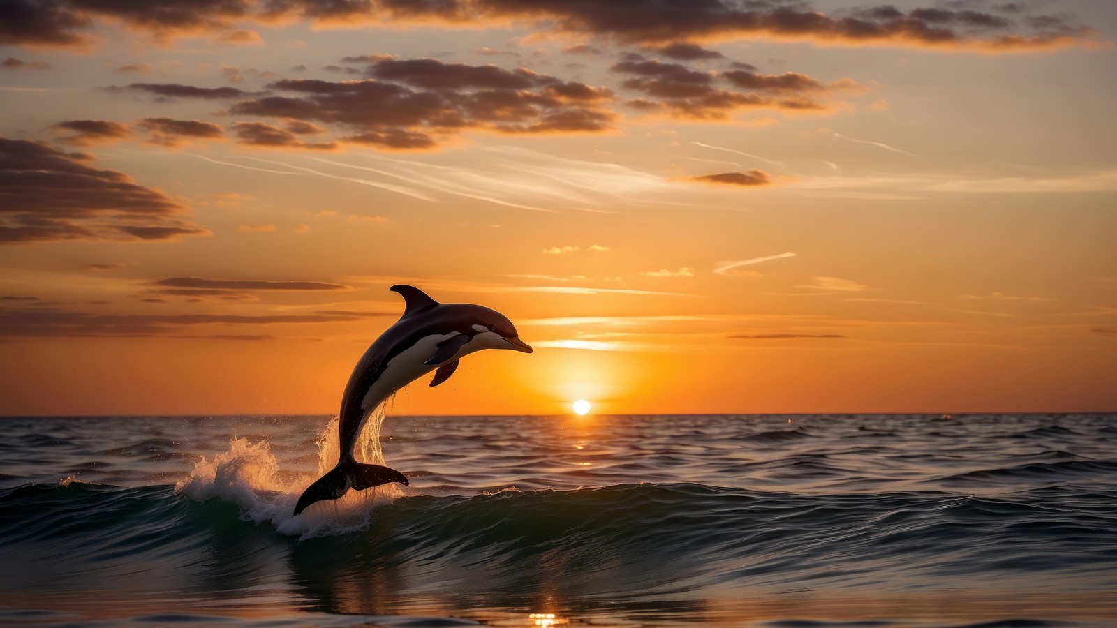 A close up of a dolphin jumping out of the water (dolphin, sunset, ocean, beach)