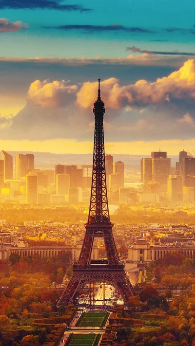 Torre Eiffel contra um vibrante horizonte de Paris