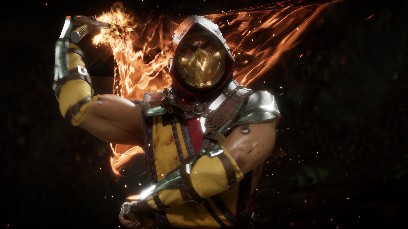 Мужчина в желто-черном костюме, держащий меч (скорпион, mortal kombat 11, видеоигра)