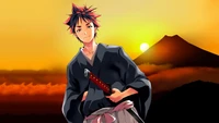 Soma Yukihira: Der kulinarische Samurai gegen einen feurigen Sonnenuntergang