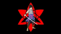 Sasuke Uchiha com Mangekyo Sharingan contra um fundo de estrela vermelha