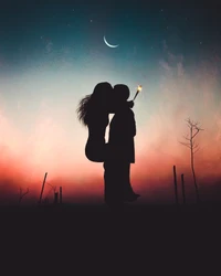 Silhouette of a couple sharing a kiss under a crescent moon, surrounded by a dreamy twilight sky.