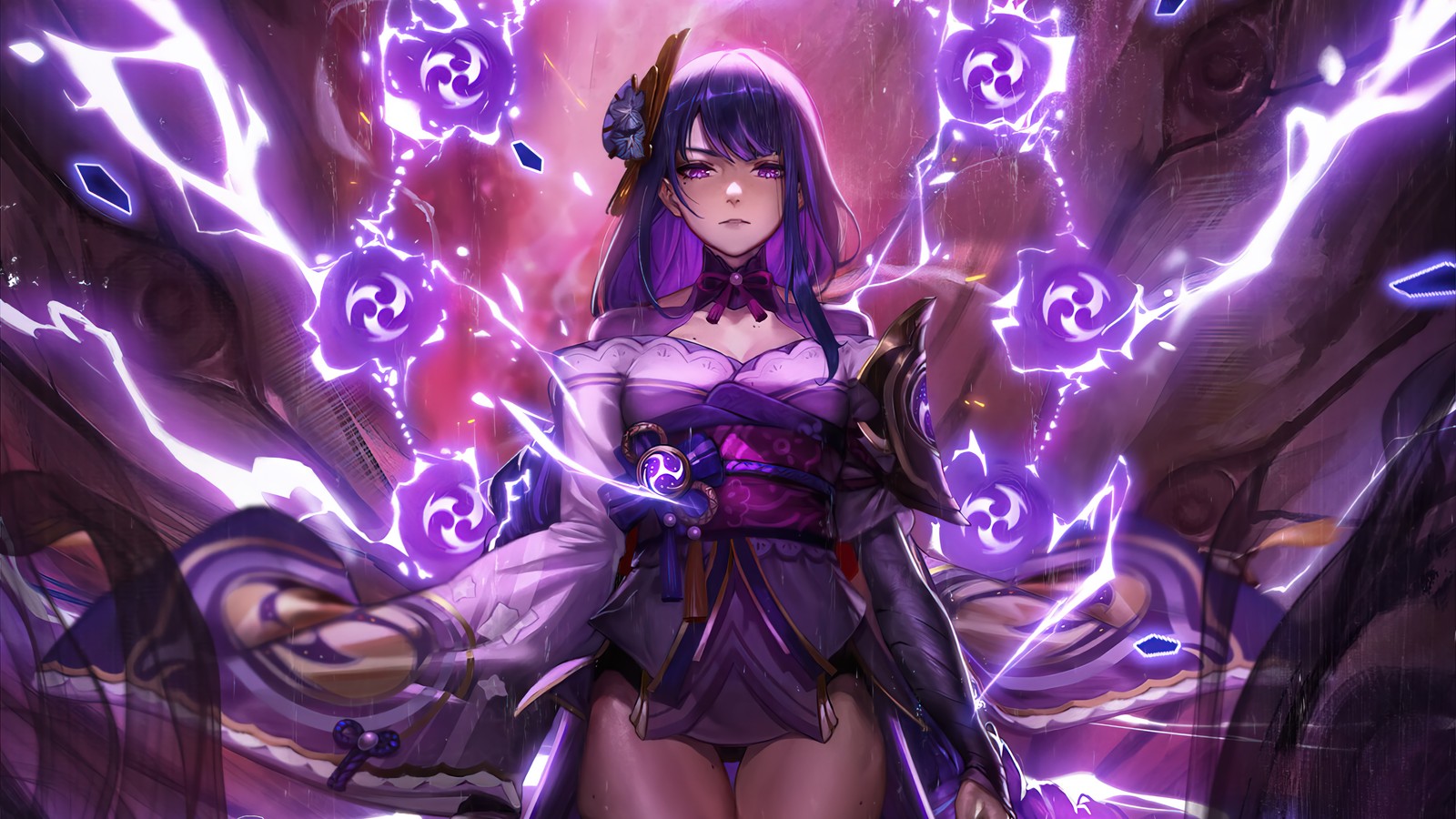 A woman in a purple dress standing in front of a purple light (raiden shogun, genshin impact, video game)