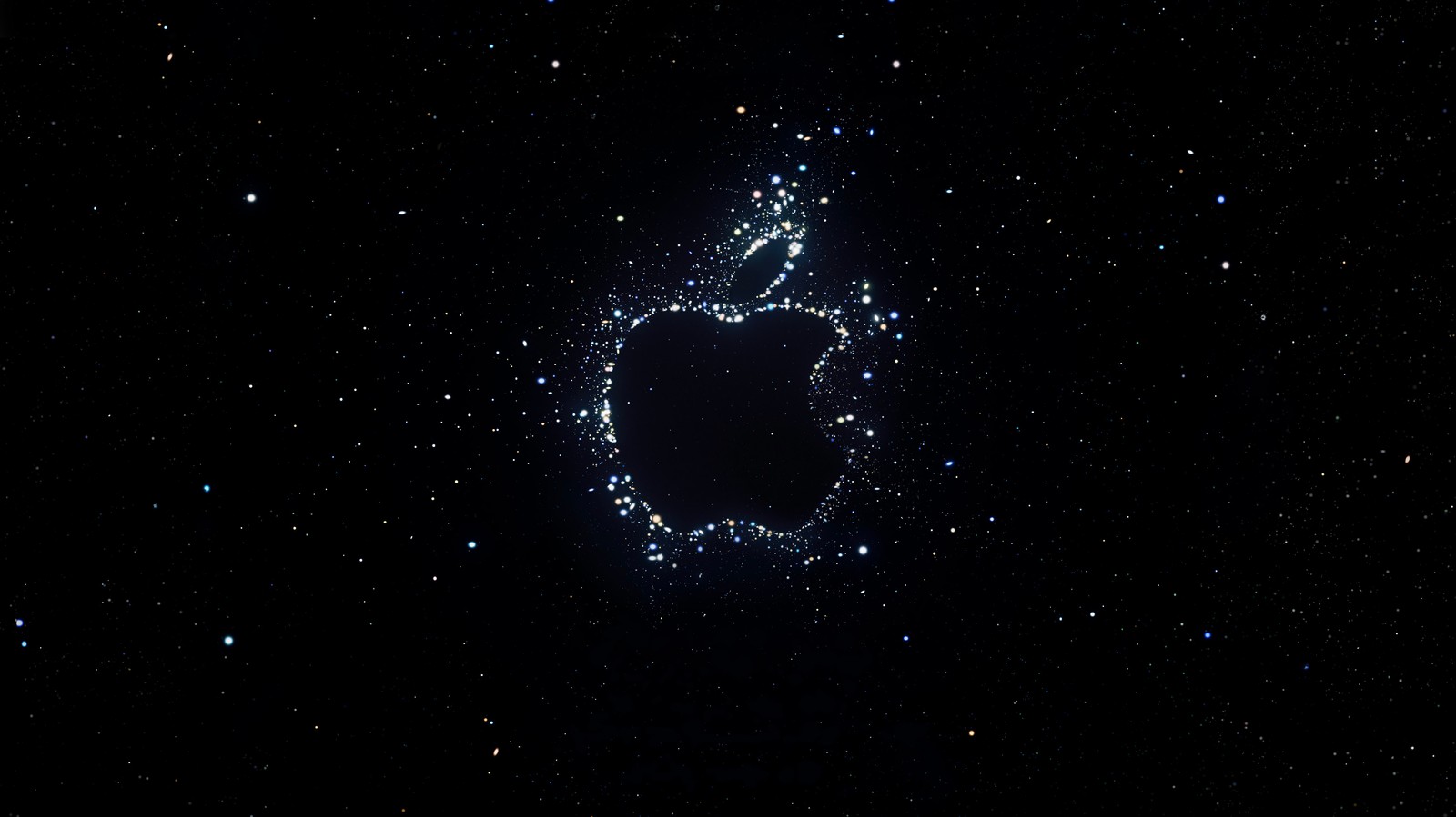 Звездный фон с черным логотипом яблока (apple event 2022, айфон 14, логотип apple, тёмный фон, ночное небо)