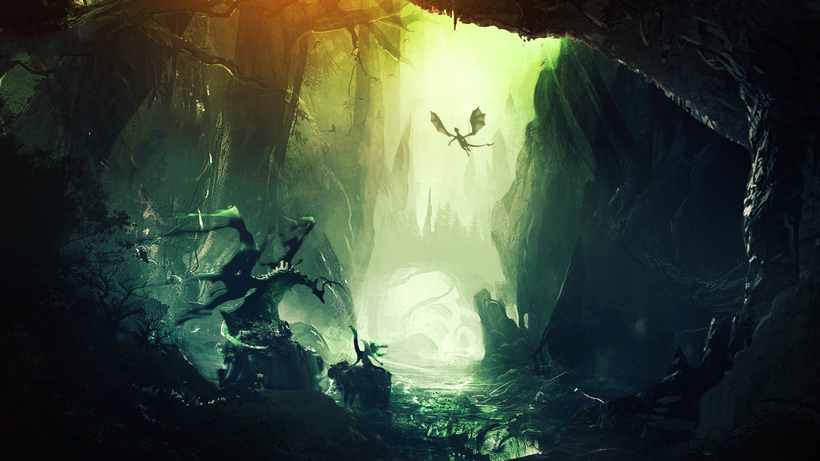 darkness, water, cave, formation, forest Download Wallpaper