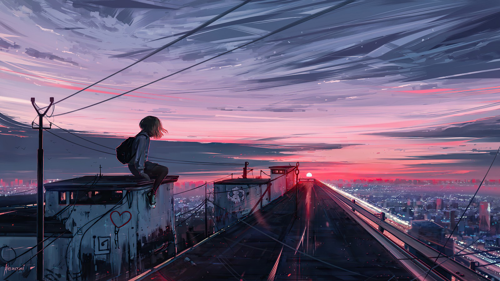 Anime, mädchen, zug, sonnenuntergang, stadt, himmel, wolken (digitale kunst, stadt, sonnenuntergang, himmel, landschaft)