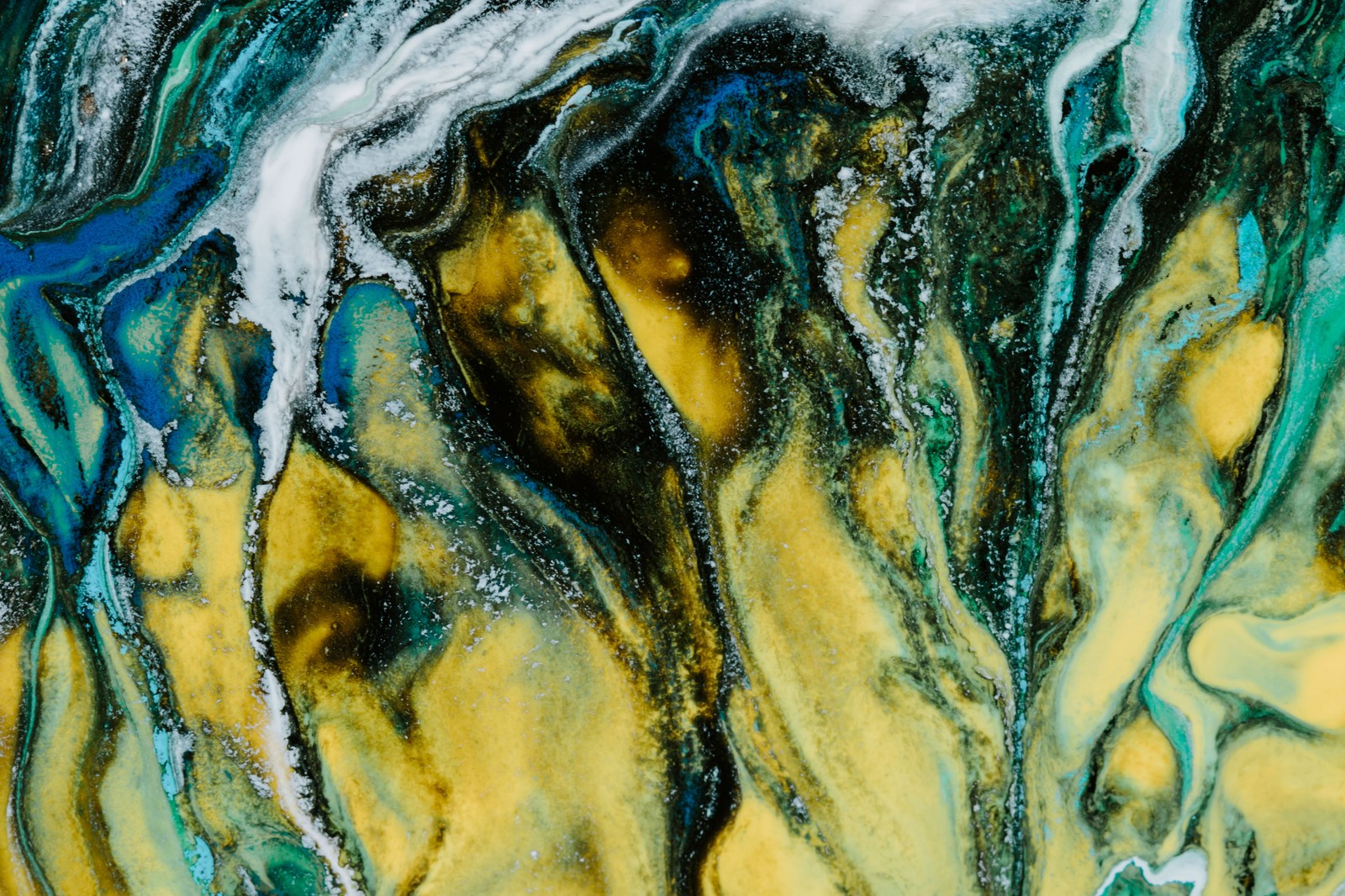 A close up of a painting of a wave and a yellow and blue background (abstract art, art, painting, modern art, blue)