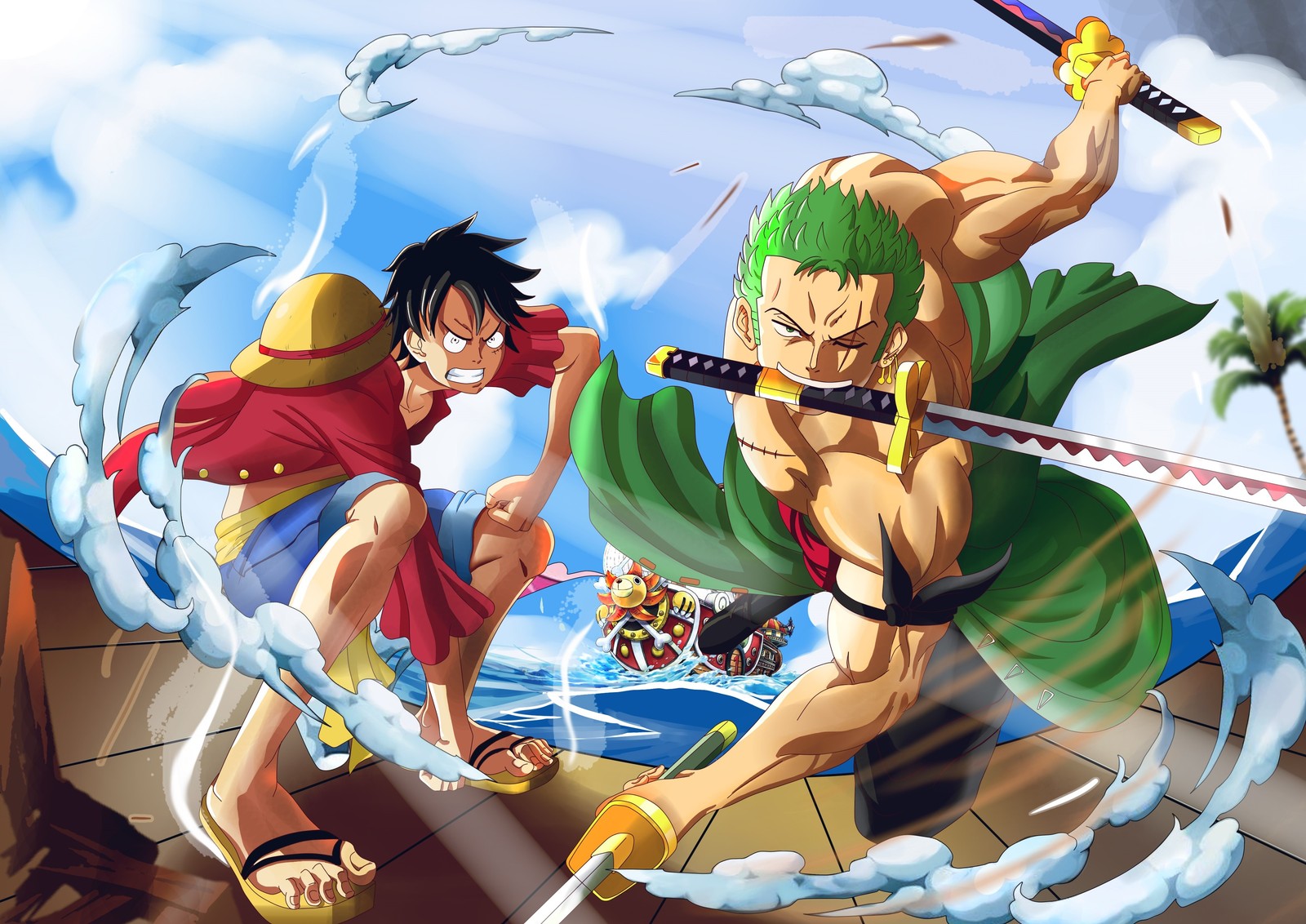 Descargar fondo de pantalla monkey d luffy, roronoa zoro, one piece, estilo de tres espadas, anime