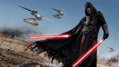 Darth Revan empuñando dos sables de luz rojos en medio de la batalla en Star Wars: Caballeros de la Antigua República