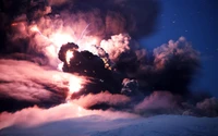 Volcanic Eruption Illuminated by Thunderstorm Lightning Amidst Dark Clouds