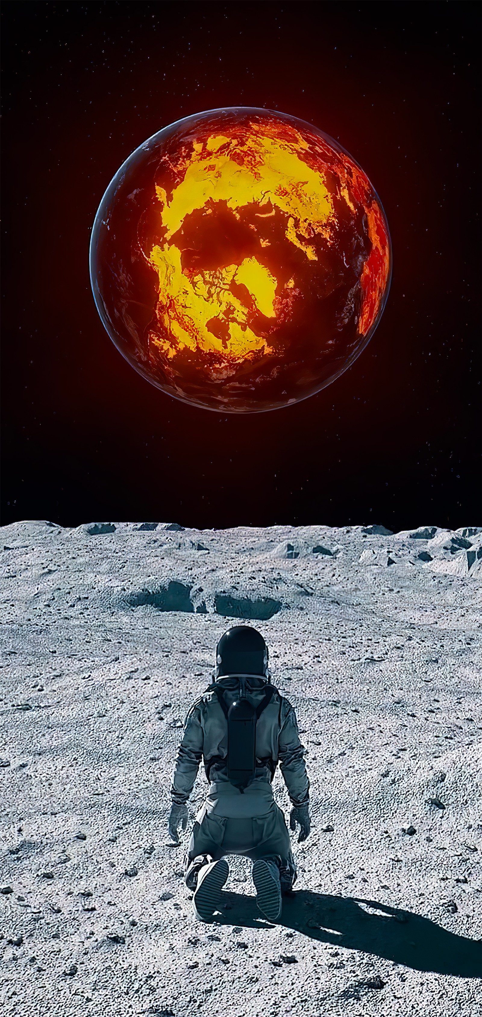 Astronaut kneeling on the moon with a red object in the background (earth, moon, soundcloud, planet, atmosphere)