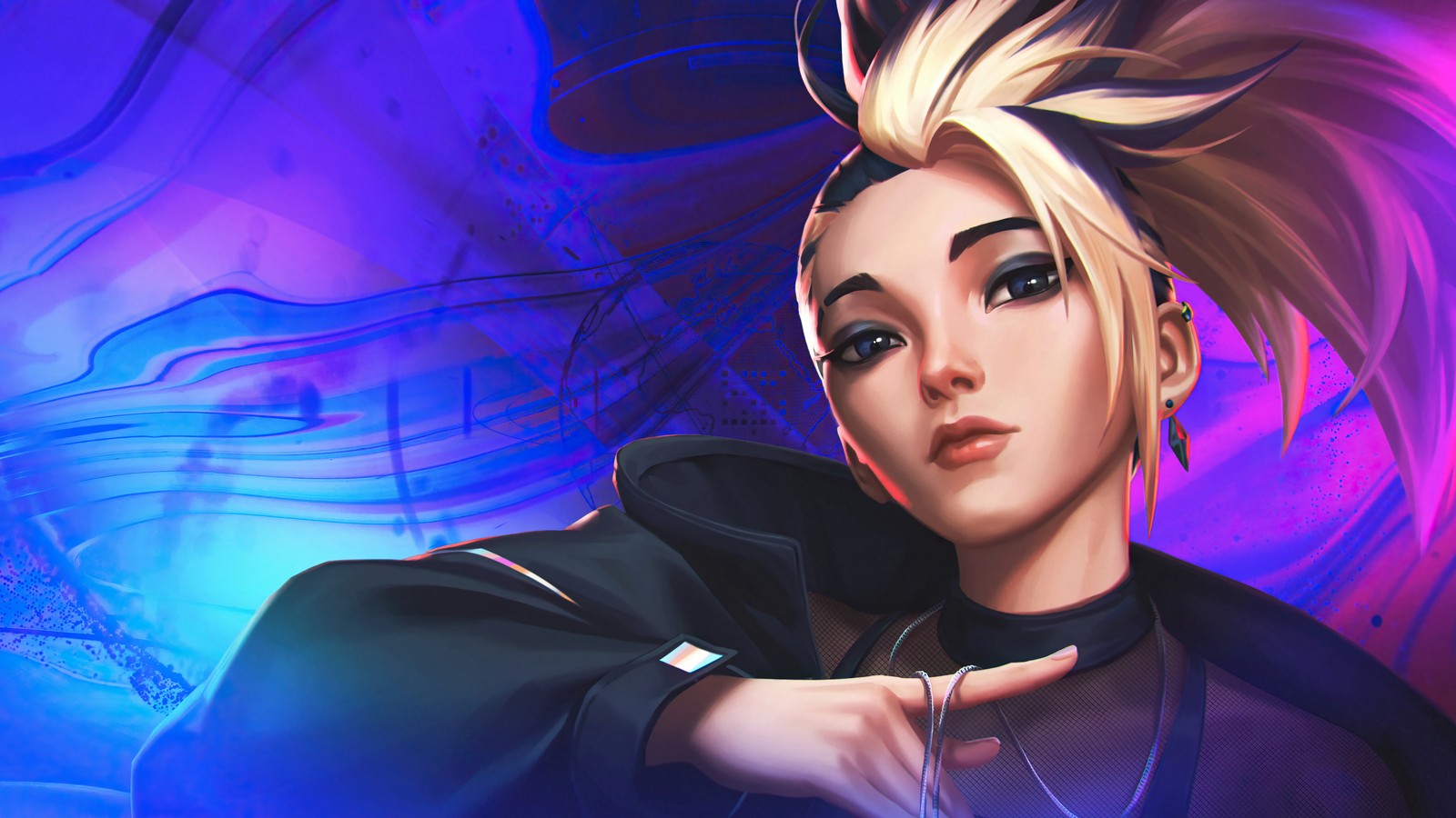 Une femme aux cheveux blonds et au haut noir posant (akali, kda, le plus mauvais, lol, league of legends)