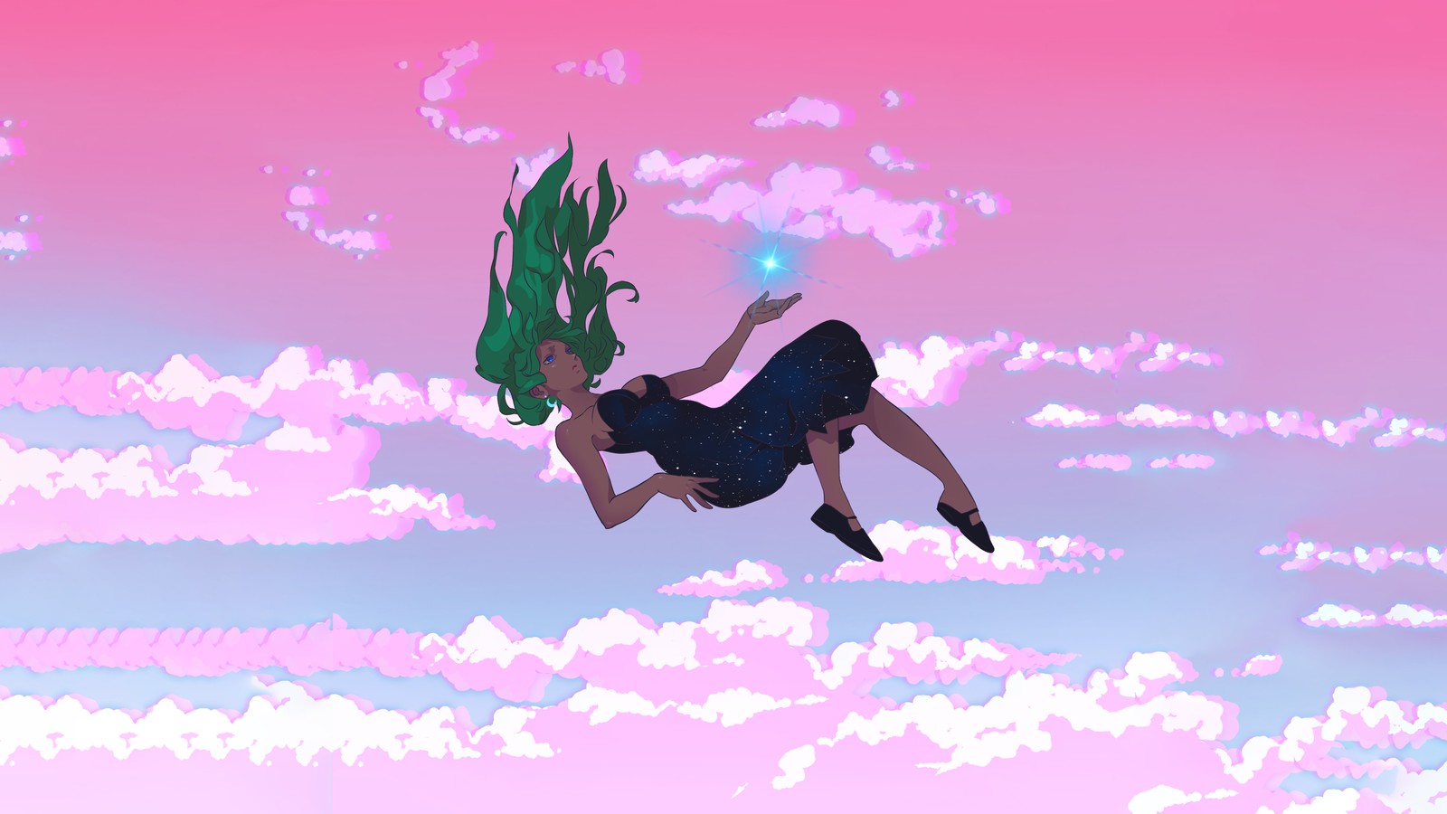 Uma garota de anime voando no céu com cabelo verde e um vestido azul. (garota lofi, queda, sonhador, mágico, 5k)