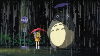 Totoro esperando no ponto de ônibus na chuva