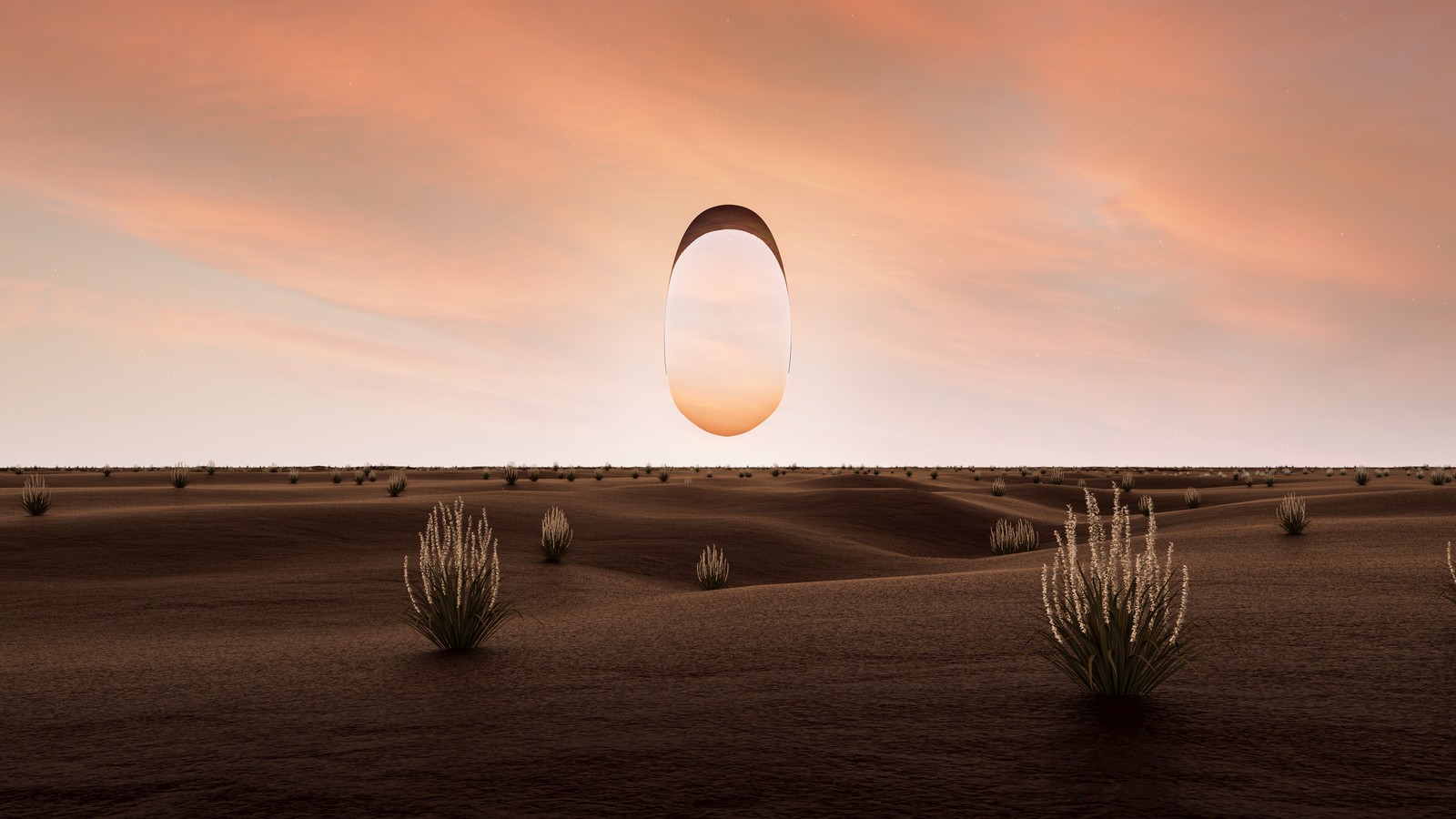 Hay un gran objeto en forma de huevo volando sobre un desierto (surrealista, crepúsculo, desierto, reflexión, 3d)