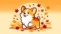 Verspielter Corgi umgeben von Herbstblättern