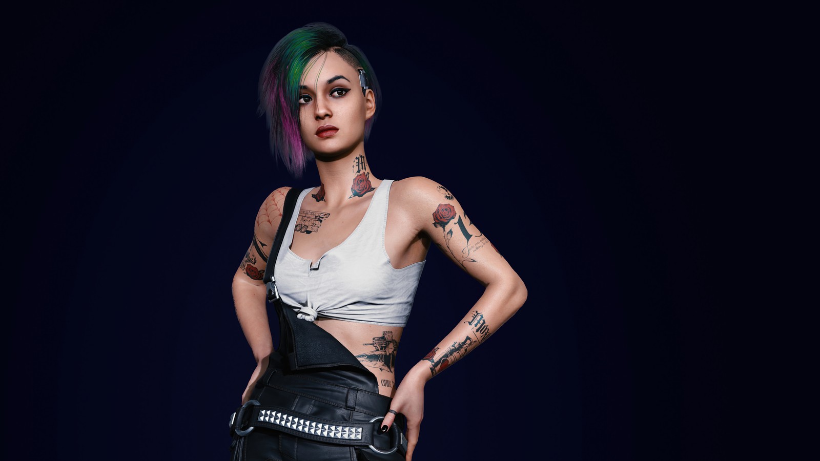 Uma mulher com tatuagens e uma blusa branca posando para uma foto (cyberpunk 2077, jogo de vídeo, ficção científica, judy alvarez)