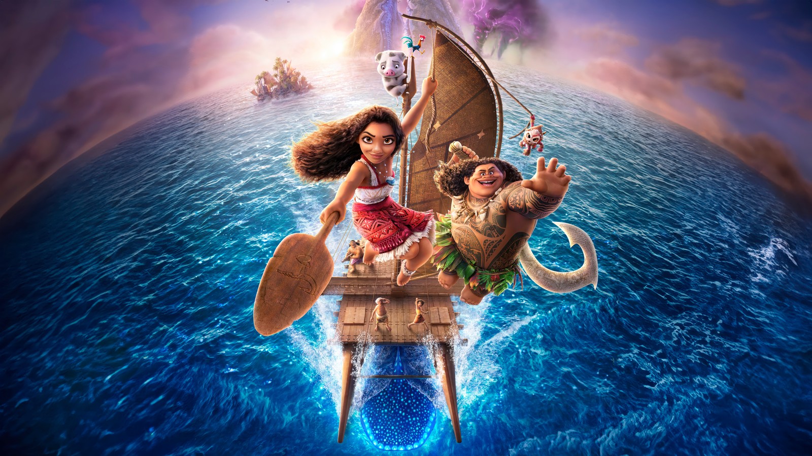 Moan e moan estão andando em um barco no oceano (moana 2, 4dx, cartaz de filme, filmes de animação, filmes de 2024)