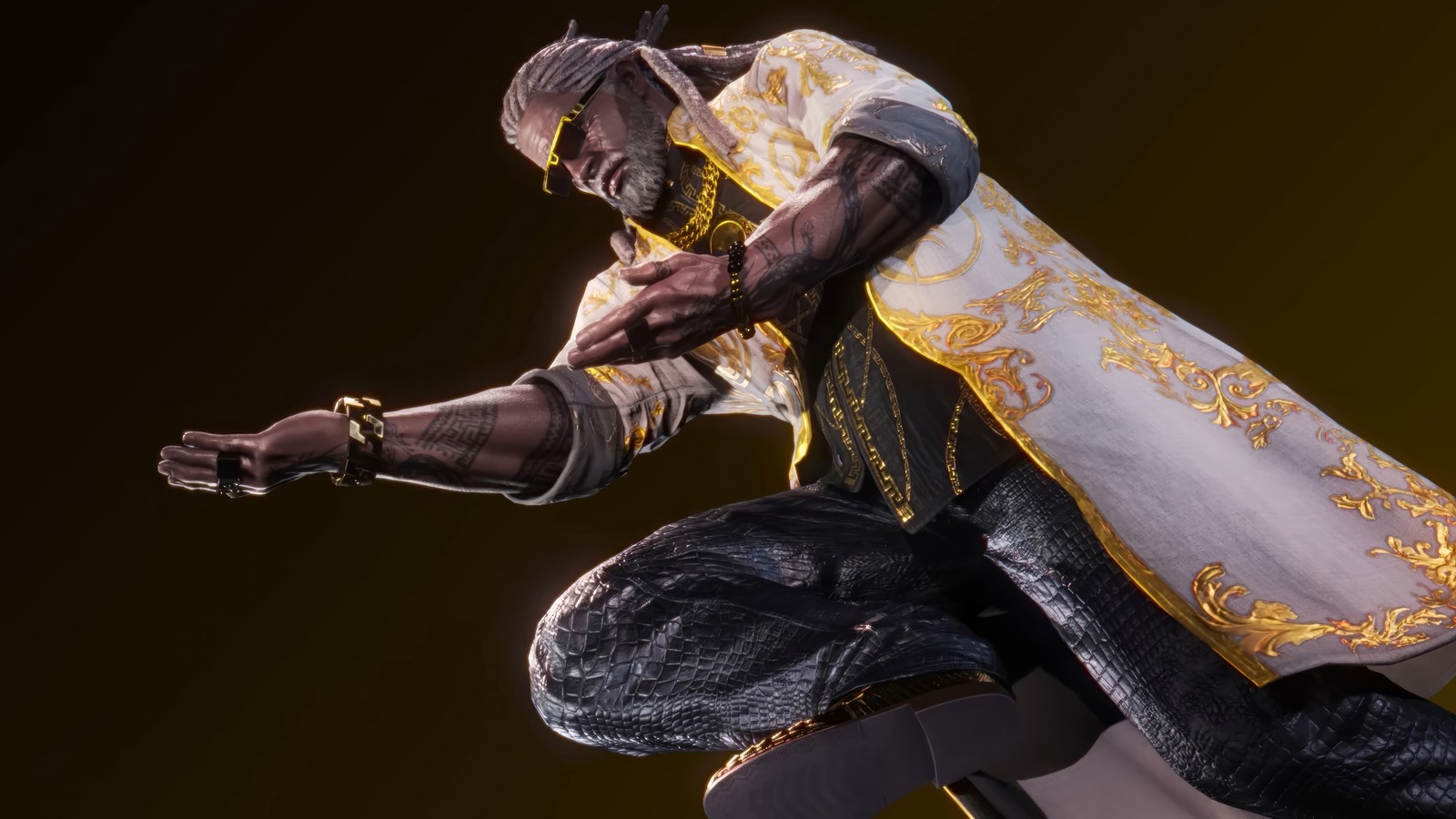 Um close de uma pessoa em um traje branco e dourado (leroy smith, tekken 8, jogo de vídeo)