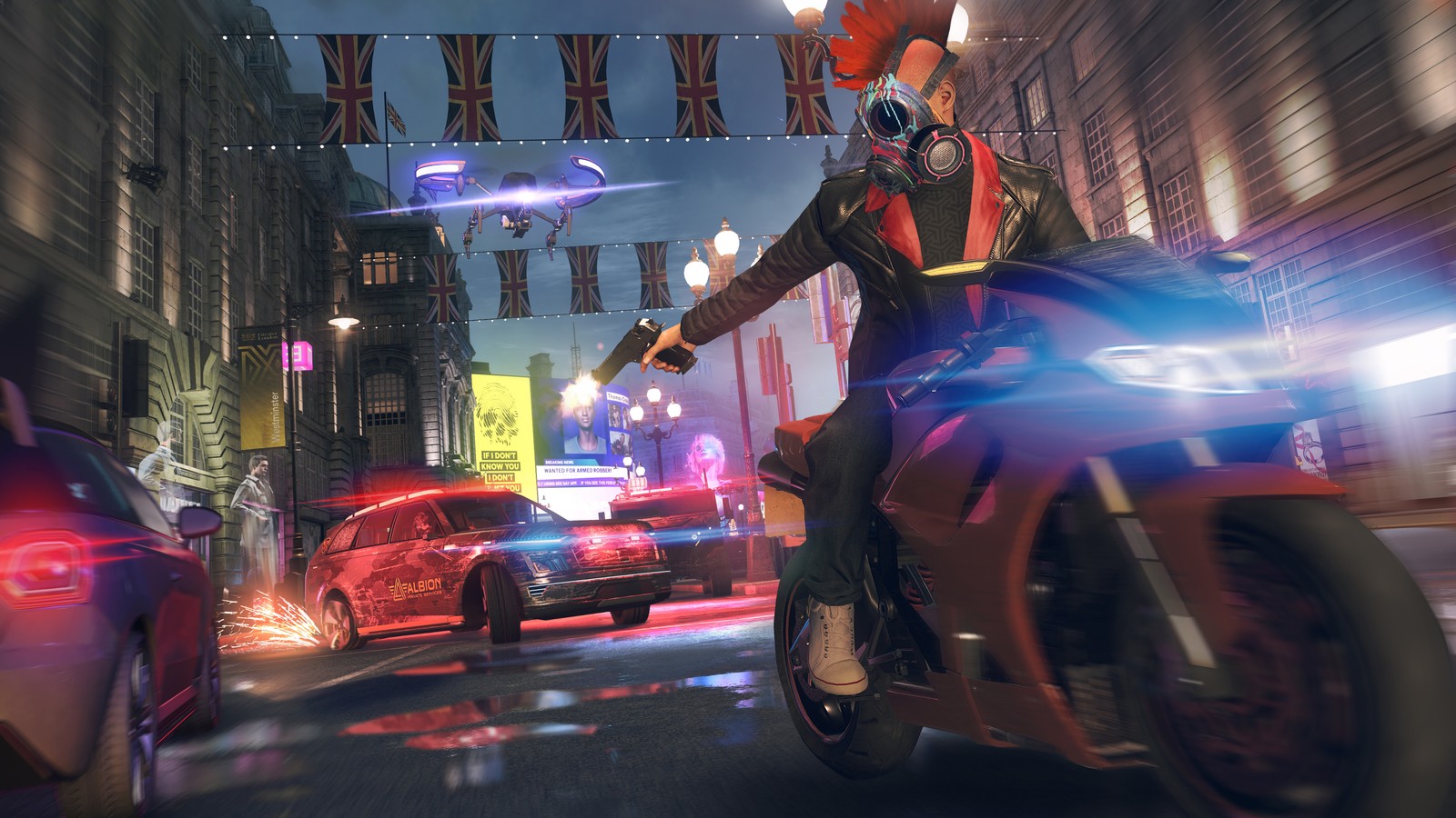 Arafed image of a man riding a motorcycle down a street (watch dogs legion, video game, watch dogs 3)