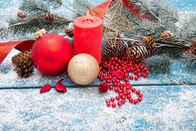 Festive Christmas Decor with Ornaments and Pinecones