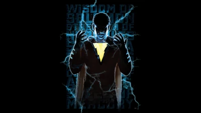 Silhouette de Shazam con efectos de relámpago sobre fondo negro