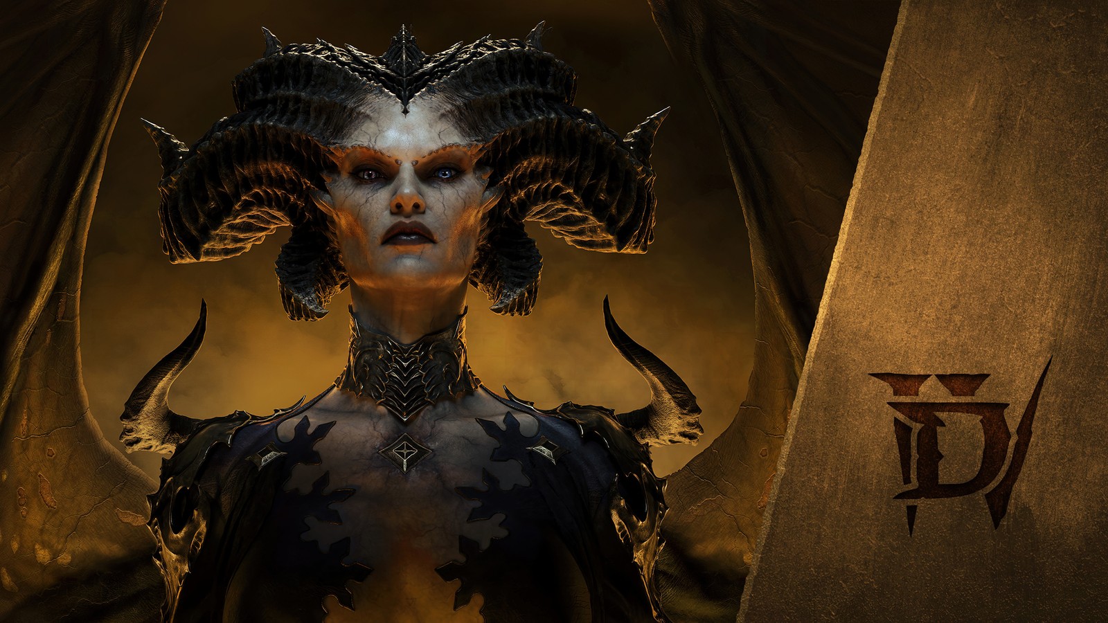 Una mujer con cuernos y una cabeza con cuernos en una habitación oscura (diablo 4, lilith, demonio, arte de juegos, diablo iv)