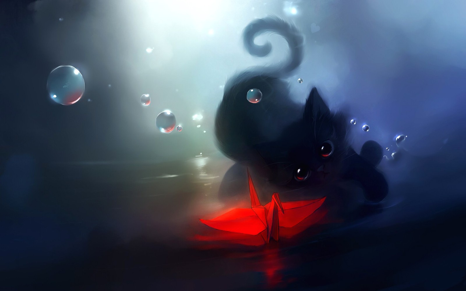 cat, kitten, black cat, water, atmosphere wallpaper