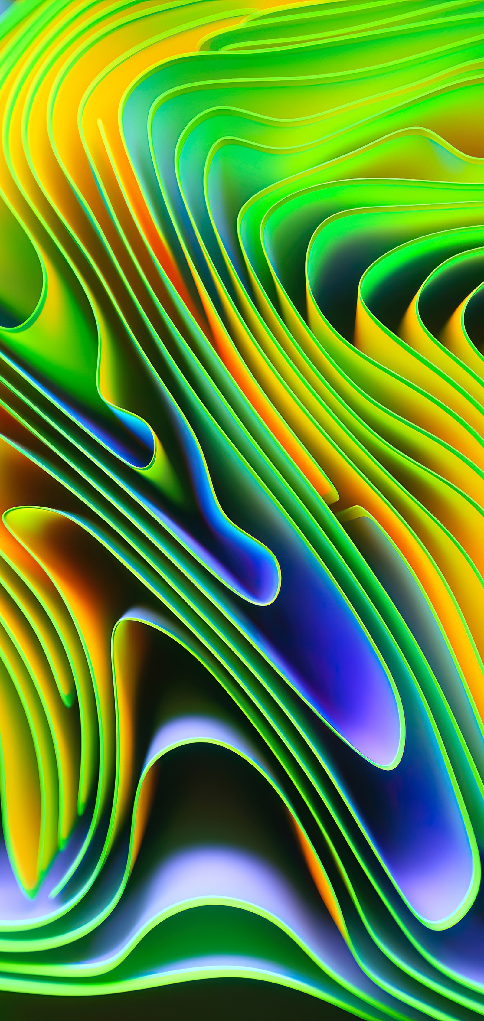 A close up of a colorful abstract painting of a wave (orange, fractal art, colorfulness, green, art)