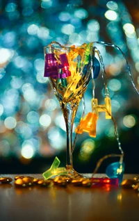 Colorful Wine Glass with Decorative Lights and Ornaments