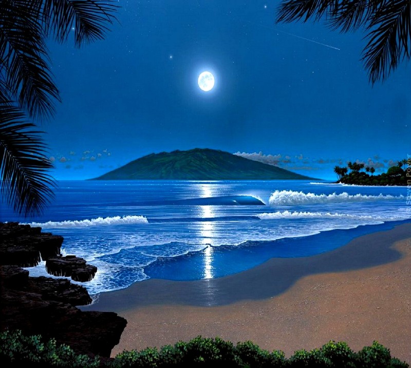 Uma pintura de uma praia com uma lua cheia e palmeiras (natureza)