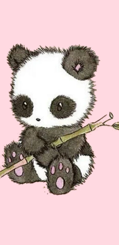 Adorabler kleiner Panda hält einen Bambusstab vor einem sanften rosa Hintergrund.