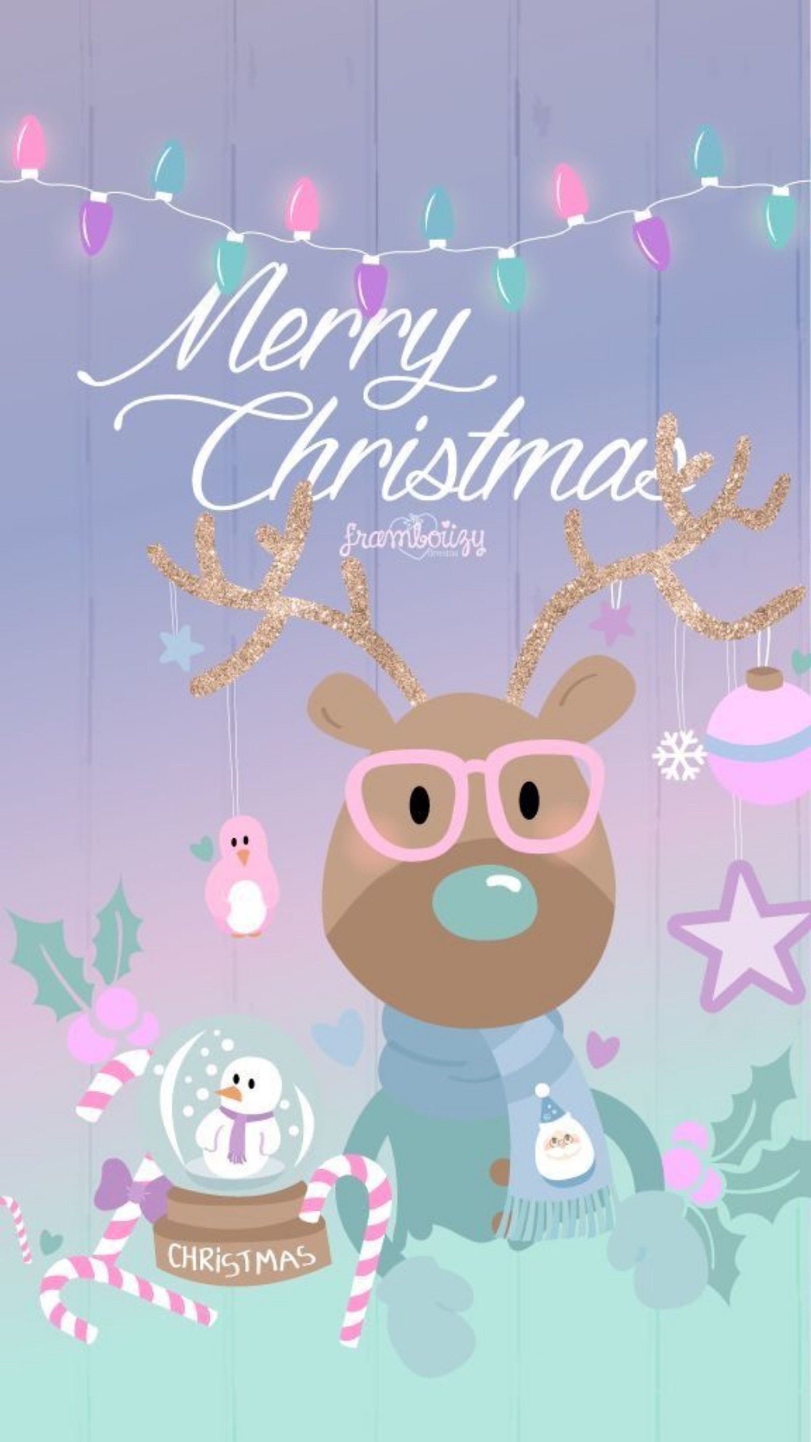 Fond d'écran de noël avec un renne portant des lunettes et une écharpe (noël, animaux, animal, rose, marron)