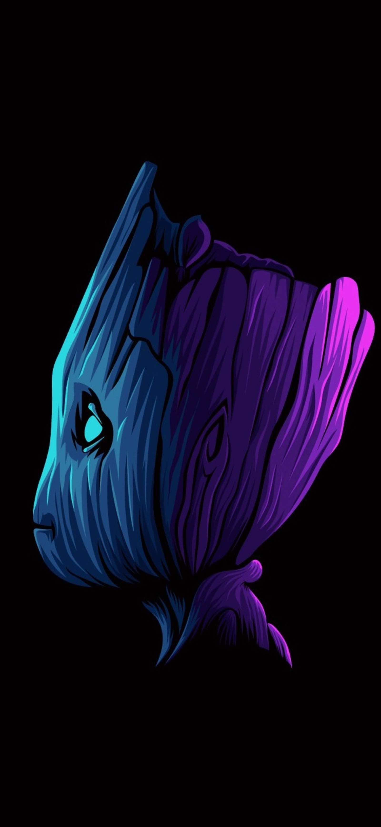 A close up of a purple and blue flower on a black background (amoled, avengers, groot, marvel)