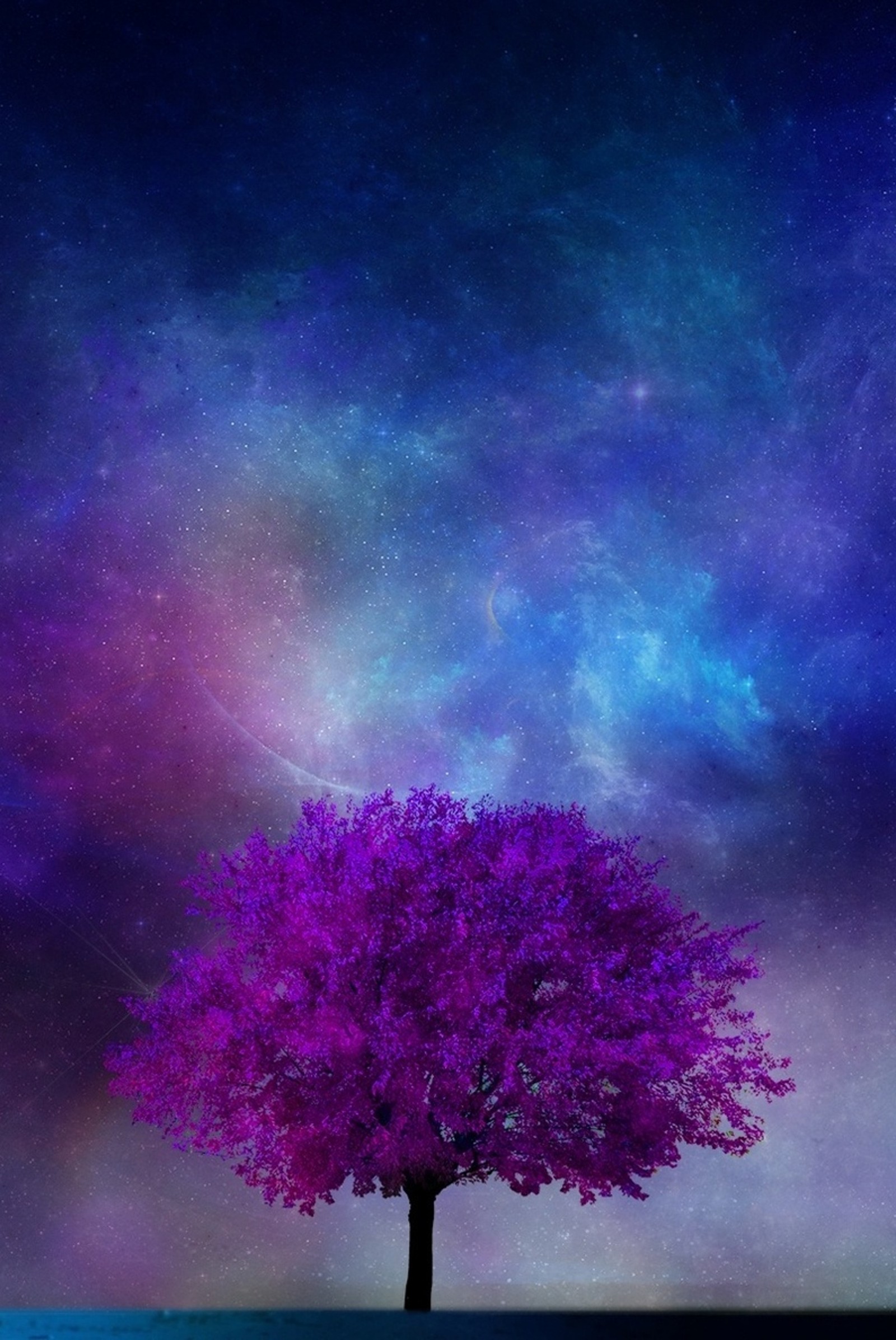 Purple tree in a field with a purple sky background (nature, sky, stars, tree)